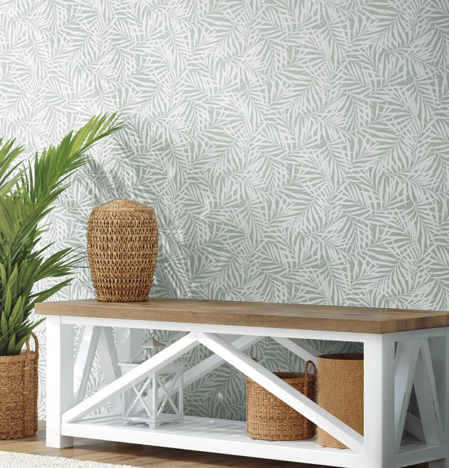Oahu Fronds Light Green & White Wallpaper with Botanical Leaf Motif - York CV4434