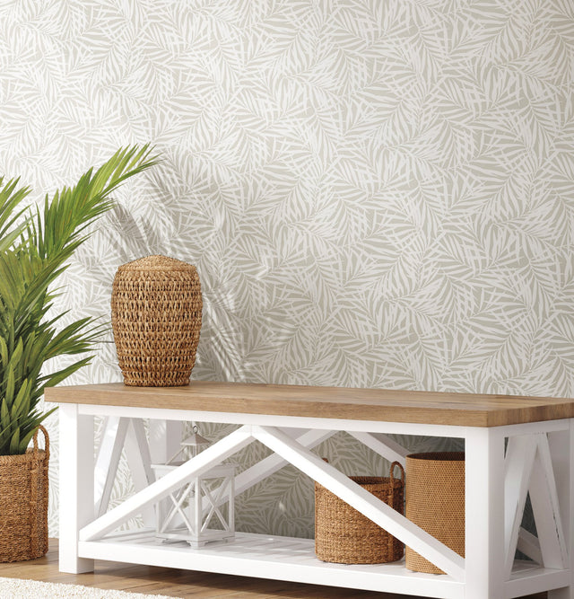 Oahu Fronds Cream & Off White Wallpaper with Botanical Tropical Leaf Motif - York CV4436