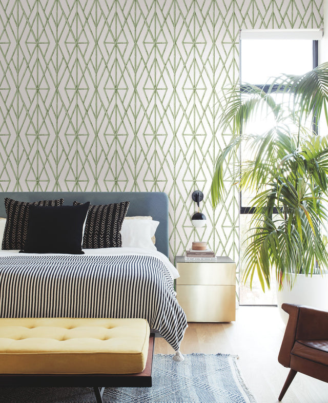 Riviera Bamboo Trellis Green Wallpaper with Geometric Bamboo Lattice - York CV4451