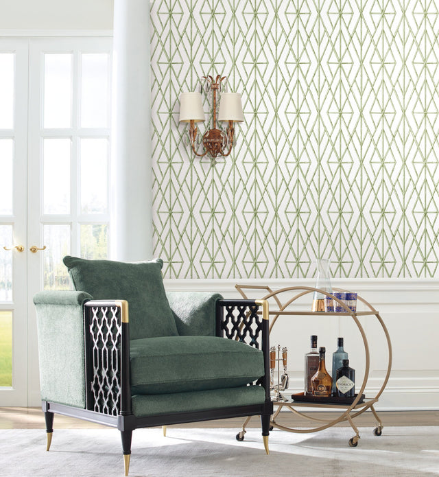Riviera Bamboo Trellis Green Wallpaper with Geometric Bamboo Lattice - York CV4451
