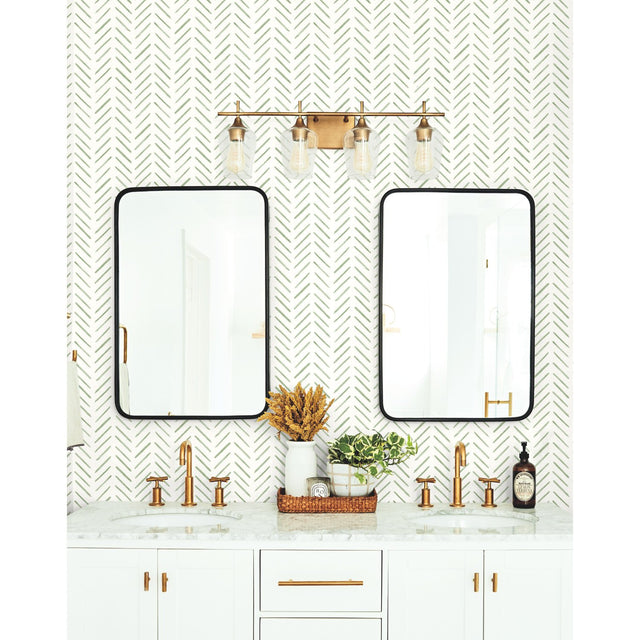 Painted Herringbone Green Wallpaper with Brushstroke Chevron Motif - York CV4452