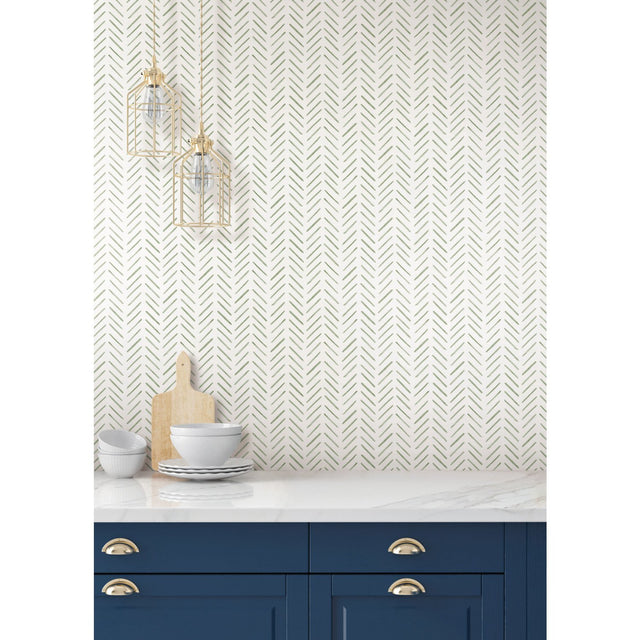 Painted Herringbone Green Wallpaper with Brushstroke Chevron Motif - York CV4452