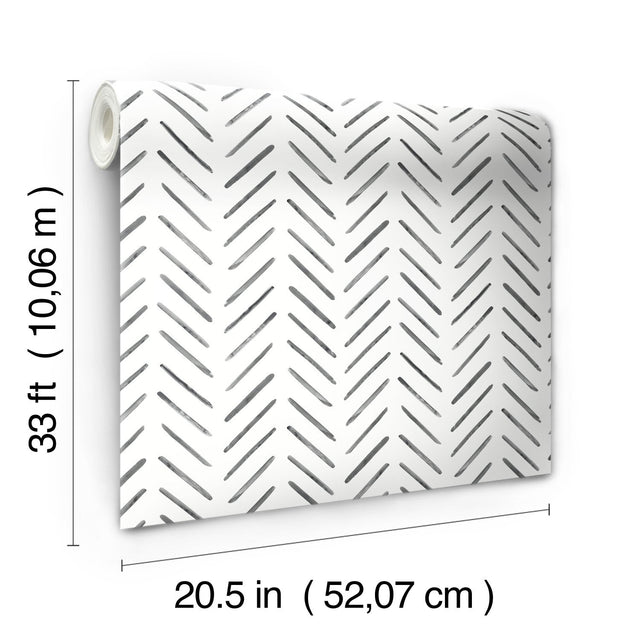 Painted Herringbone Black Wallpaper with Hand-Brushed Chevron Motif - York CV4454