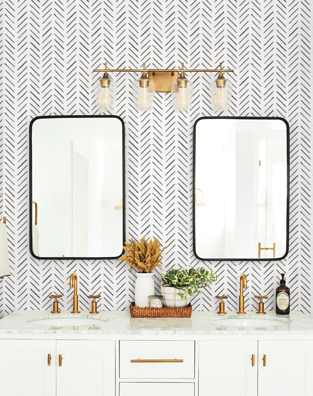 Painted Herringbone Black Wallpaper with Hand-Brushed Chevron Motif - York CV4454