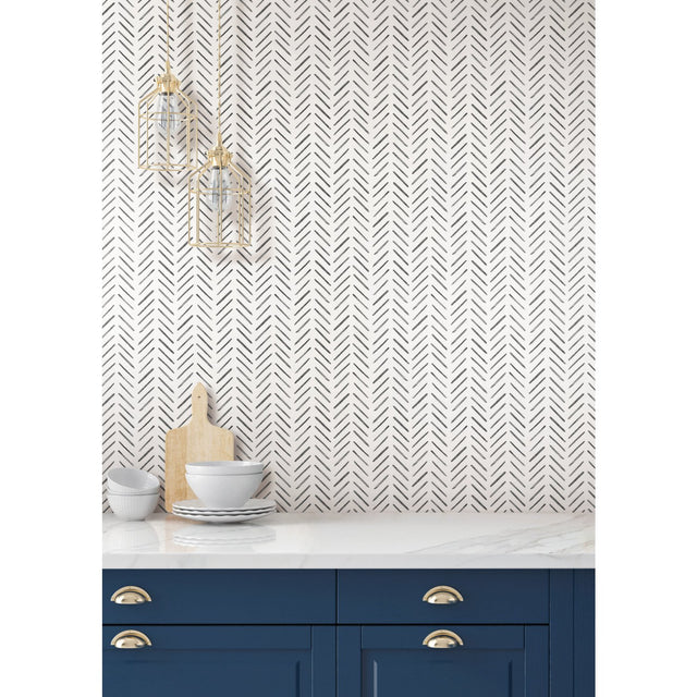 Painted Herringbone Black Wallpaper with Hand-Brushed Chevron Motif - York CV4454