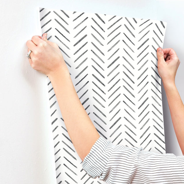 Painted Herringbone Black Wallpaper with Hand-Brushed Chevron Motif - York CV4454