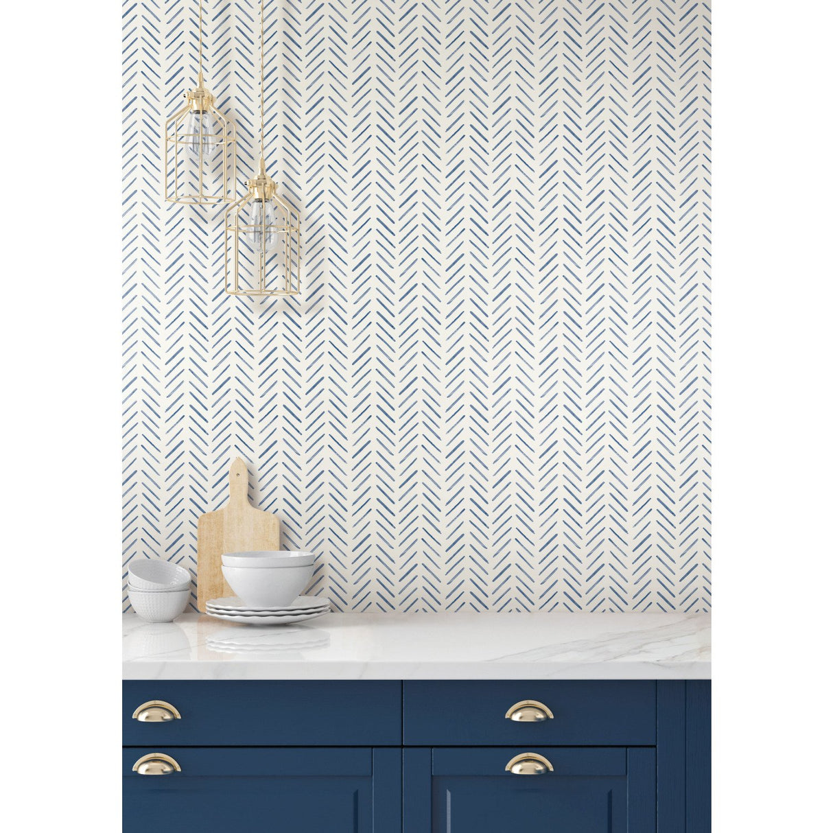 Painted Herringbone Navy Wallpaper with Small Prints Pattern, Sure Strip Prepasted - York CV4455