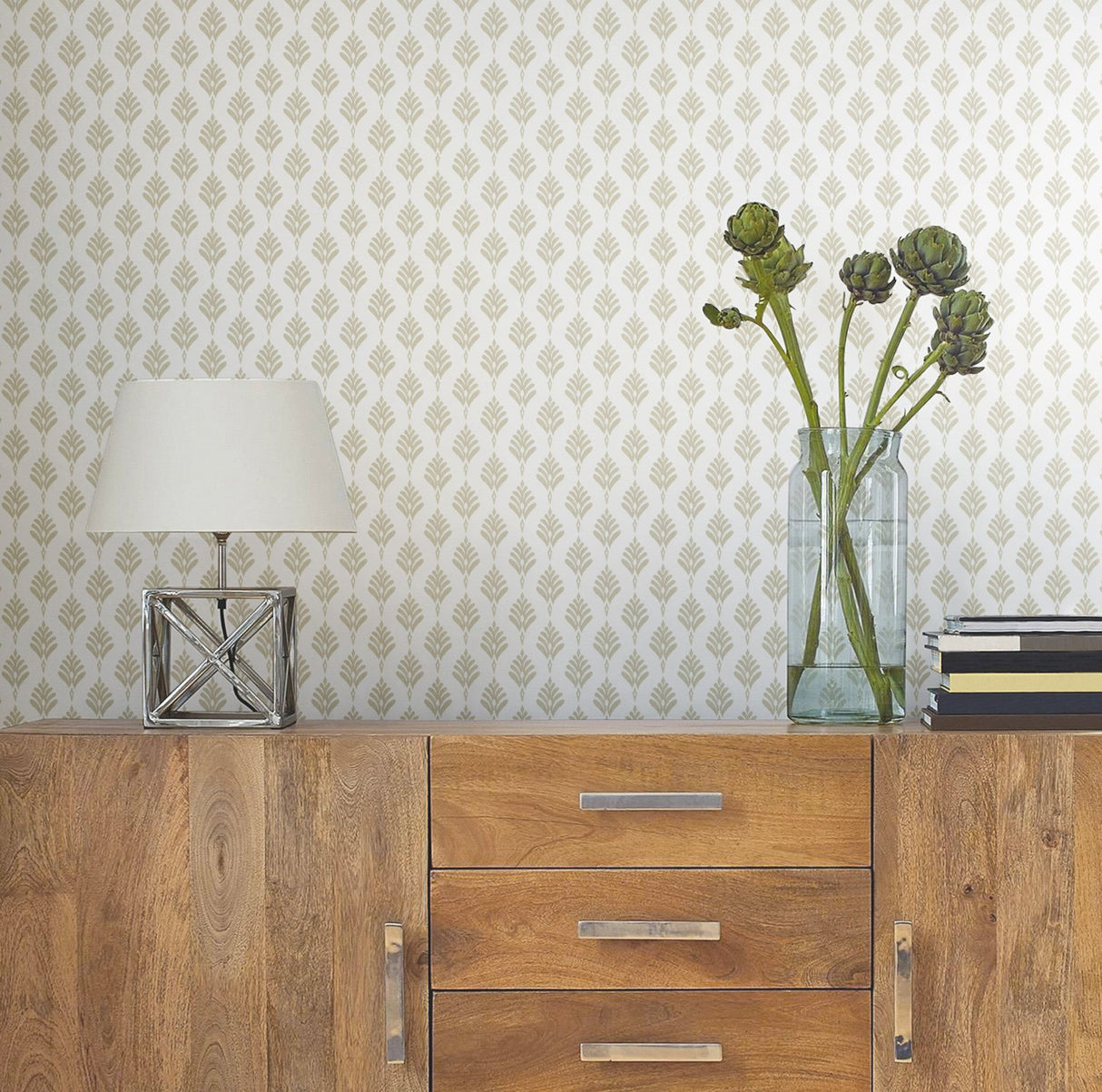 French Scallop Off White Wallpaper with Small Print Ikat Motif - York CV4458