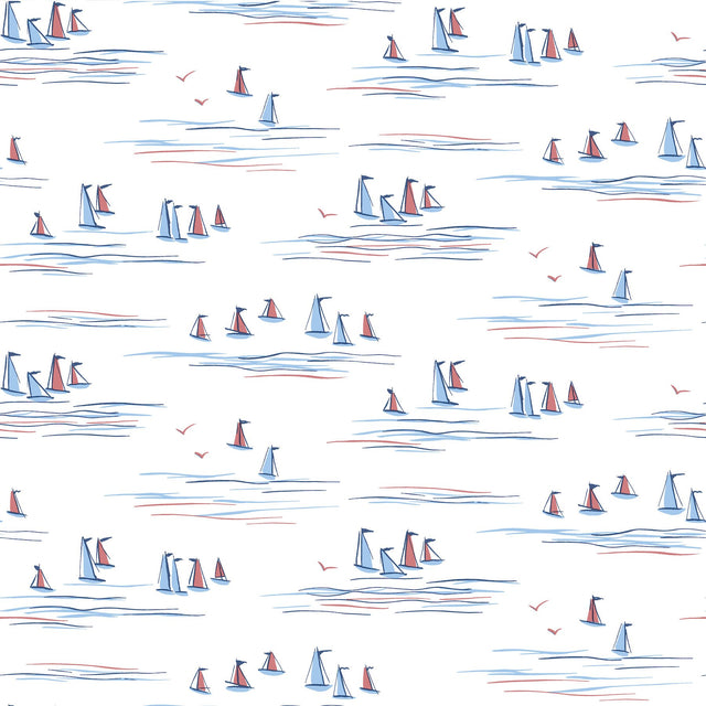 Full Sails Blue & Red Prepasted Wallpaper with Coastal Sailboat Motif - York CV4461