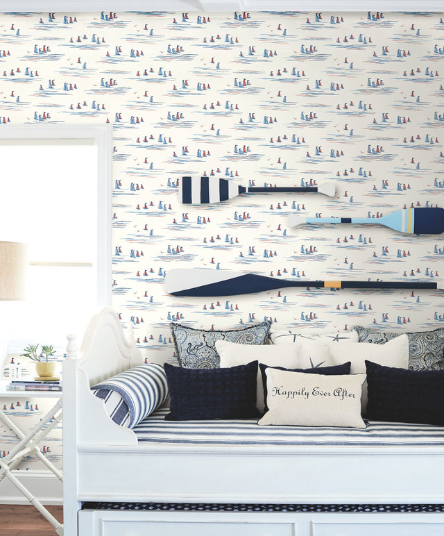 Full Sails Blue & Red Prepasted Wallpaper with Coastal Sailboat Motif - York CV4461