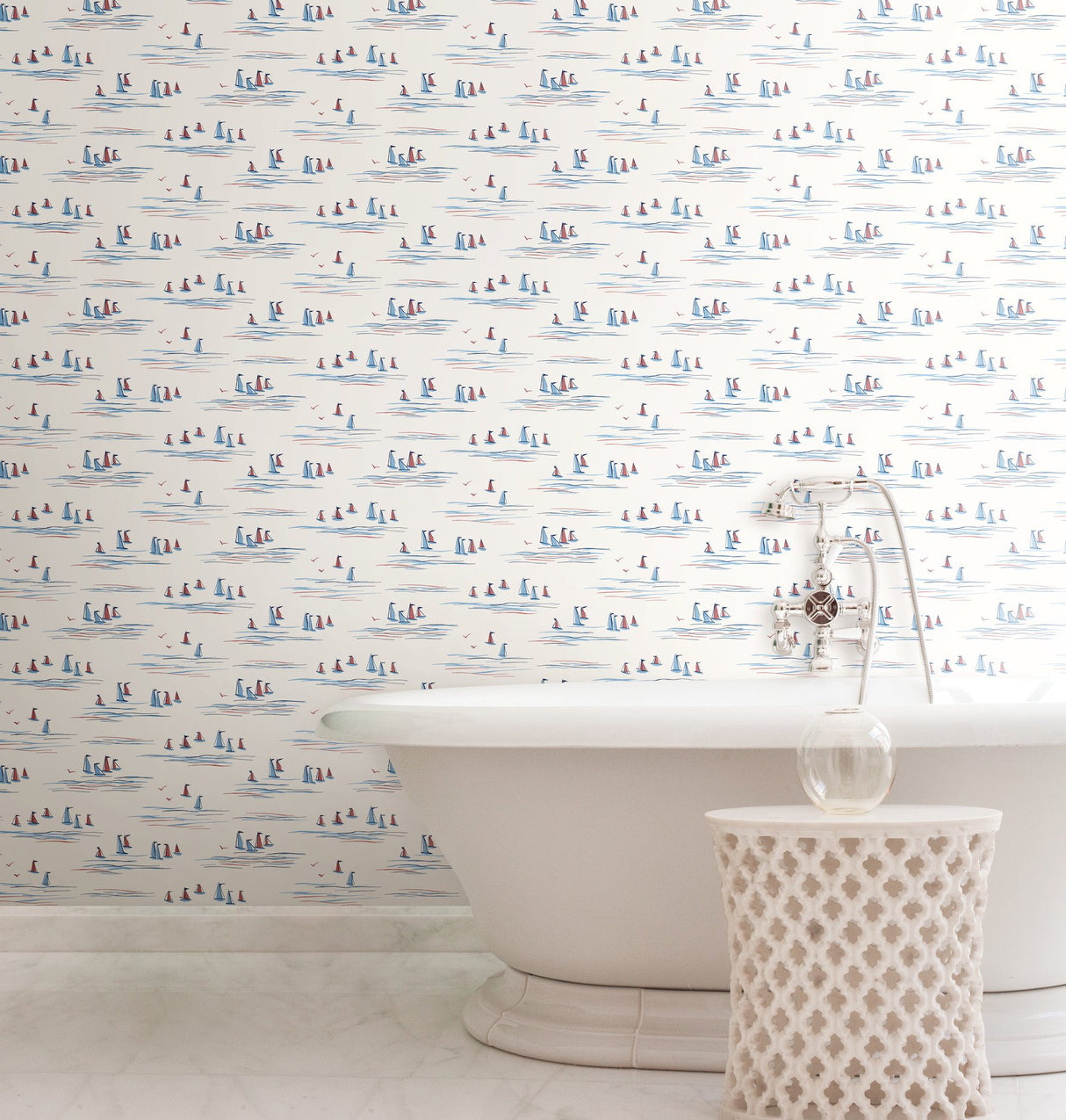 Full Sails Blue & Red Prepasted Wallpaper with Coastal Sailboat Motif - York CV4461