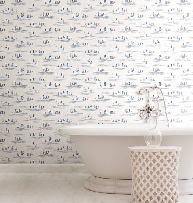 Full Sails Blue & Red Prepasted Wallpaper with Coastal Sailboat Motif - York CV4461