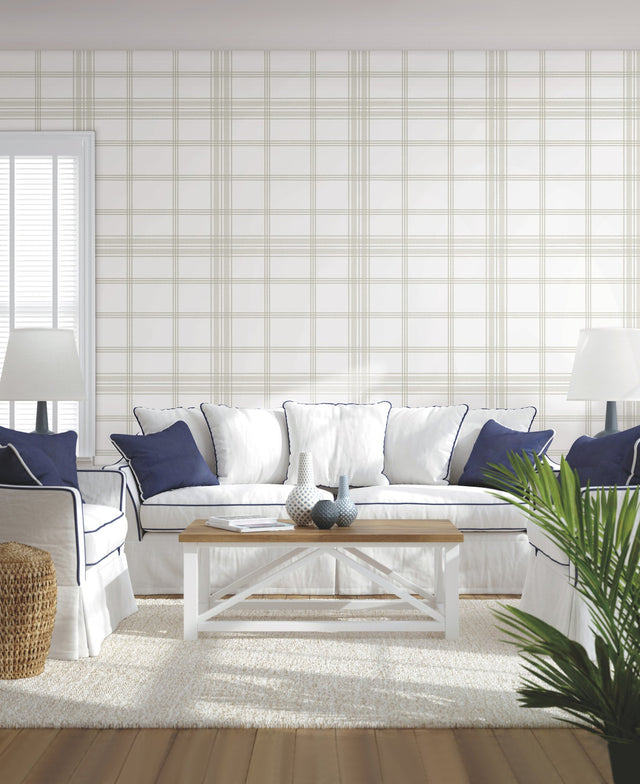 Charter Plaid Off White Wallpaper with Windowpane Plaid Pattern, Sure Strip Prepasted - York CV4466