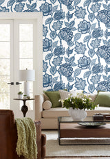 Midsummer Jacobean White and Blue by York Wallcoverings Prepasted SureStrip Non Woven Hybrid Large-Scale Botanical Wallpaper - CY1535