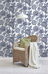 Midsummer Jacobean White and Blue by York Wallcoverings Prepasted SureStrip Non Woven Hybrid Large-Scale Botanical Wallpaper - CY1535