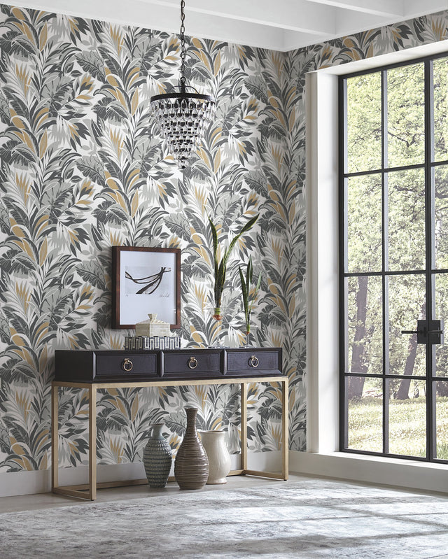 Palm Silhouette Black & Gold Wallpaper with Botanical Tropical Leaf Pattern - York CY1567