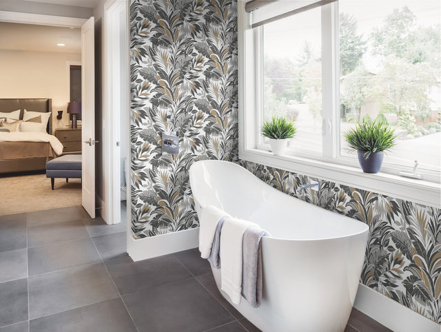 Palm Silhouette Black & Gold Wallpaper with Botanical Tropical Leaf Pattern - York CY1567