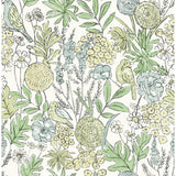 Chesapeake Goldfinch Green Birds and Blooms Wallpaper pattern with birds and botanical motifs in green and blue.