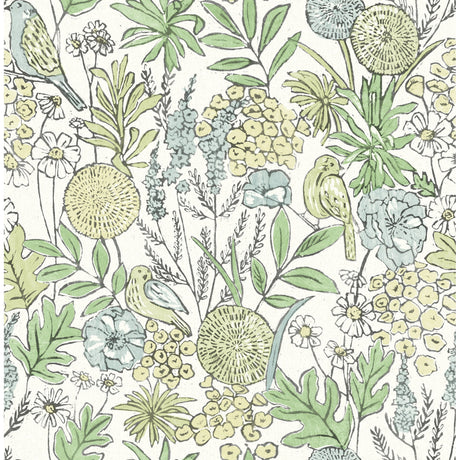 Chesapeake Goldfinch Green Birds and Blooms Wallpaper pattern with birds and botanical motifs in green and blue.