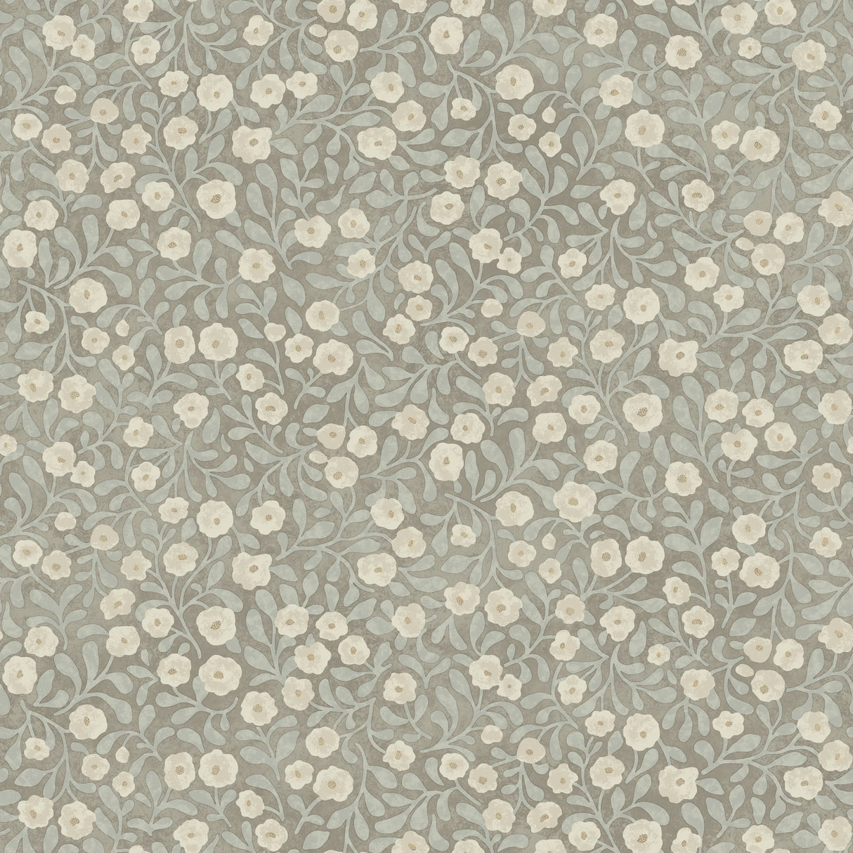 Chesapeake Poppy Trail Aqua Floral Wallpaper roll with cream poppies and aqua leaves on grey ground