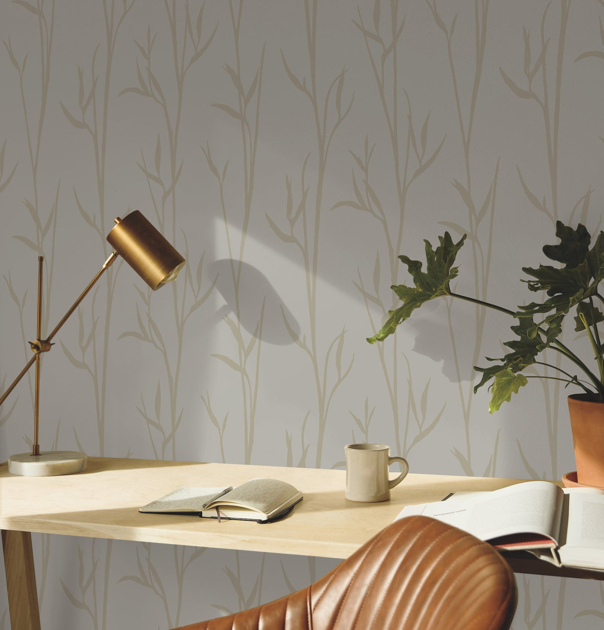 Matcha Tan Wallpaper with Botanical Bamboo Motif - York DA3508N
