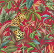 Tropical Leopard gloss red peel and stick wallpaper with leopards and tropical foliage