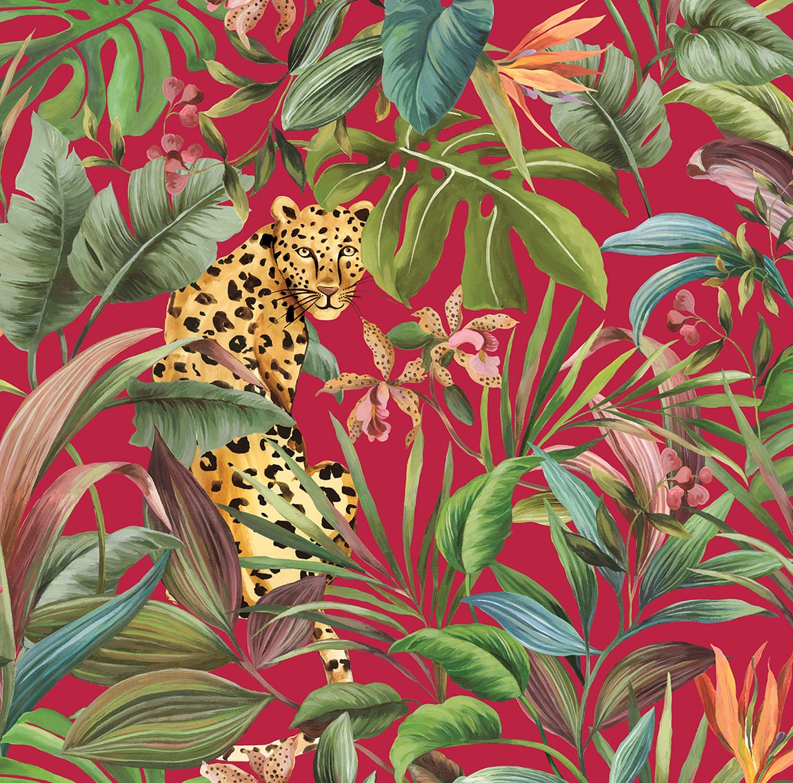 Tropical Leopard gloss red peel and stick wallpaper with leopards and tropical foliage