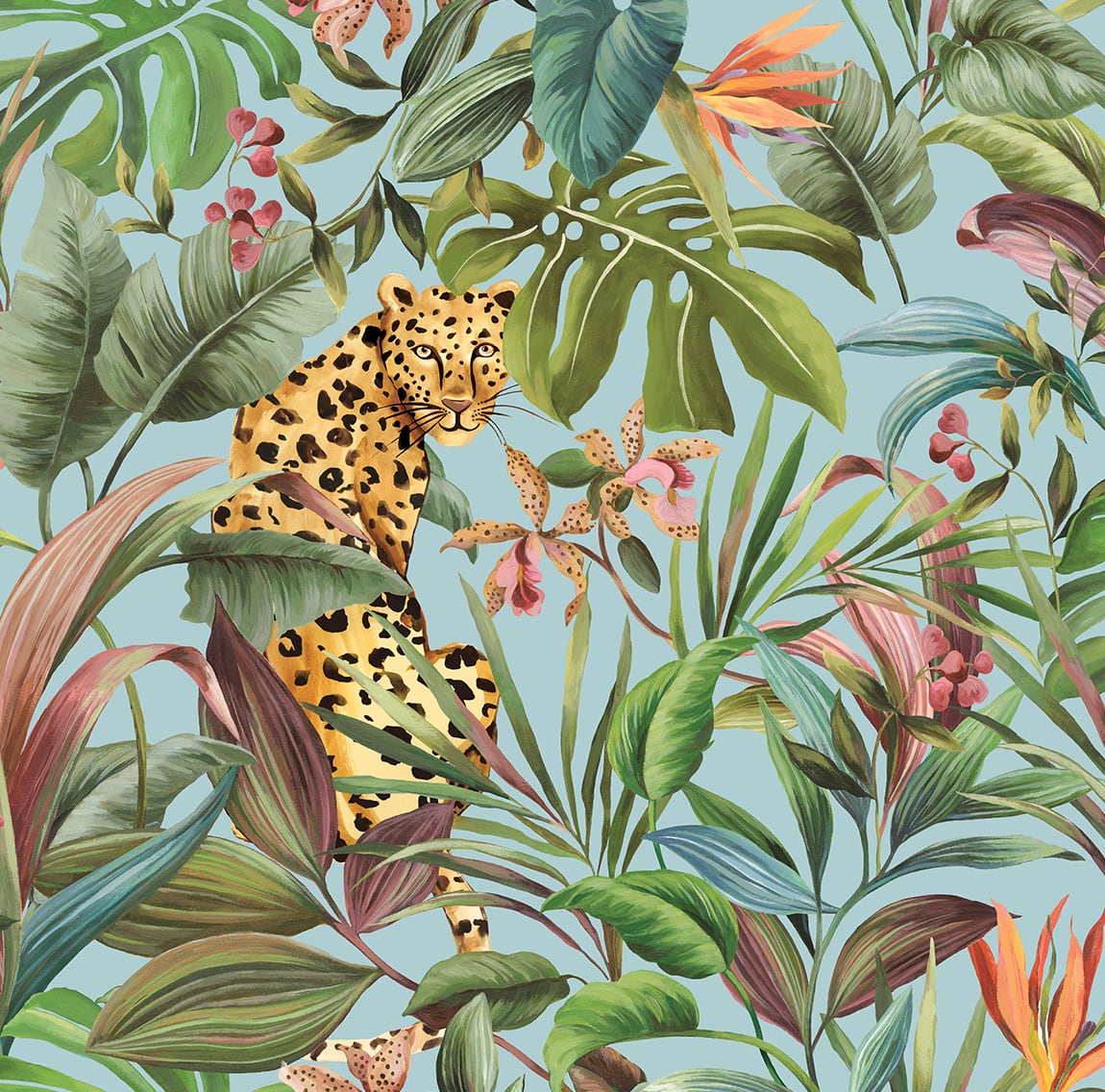 Tropical Leopard Gloss Sky Blue by Daisy Bennett Peel and Stick Peel & Stick Vinyl Wallpaper – Daisy Bennett Designs DB20102 -Sample