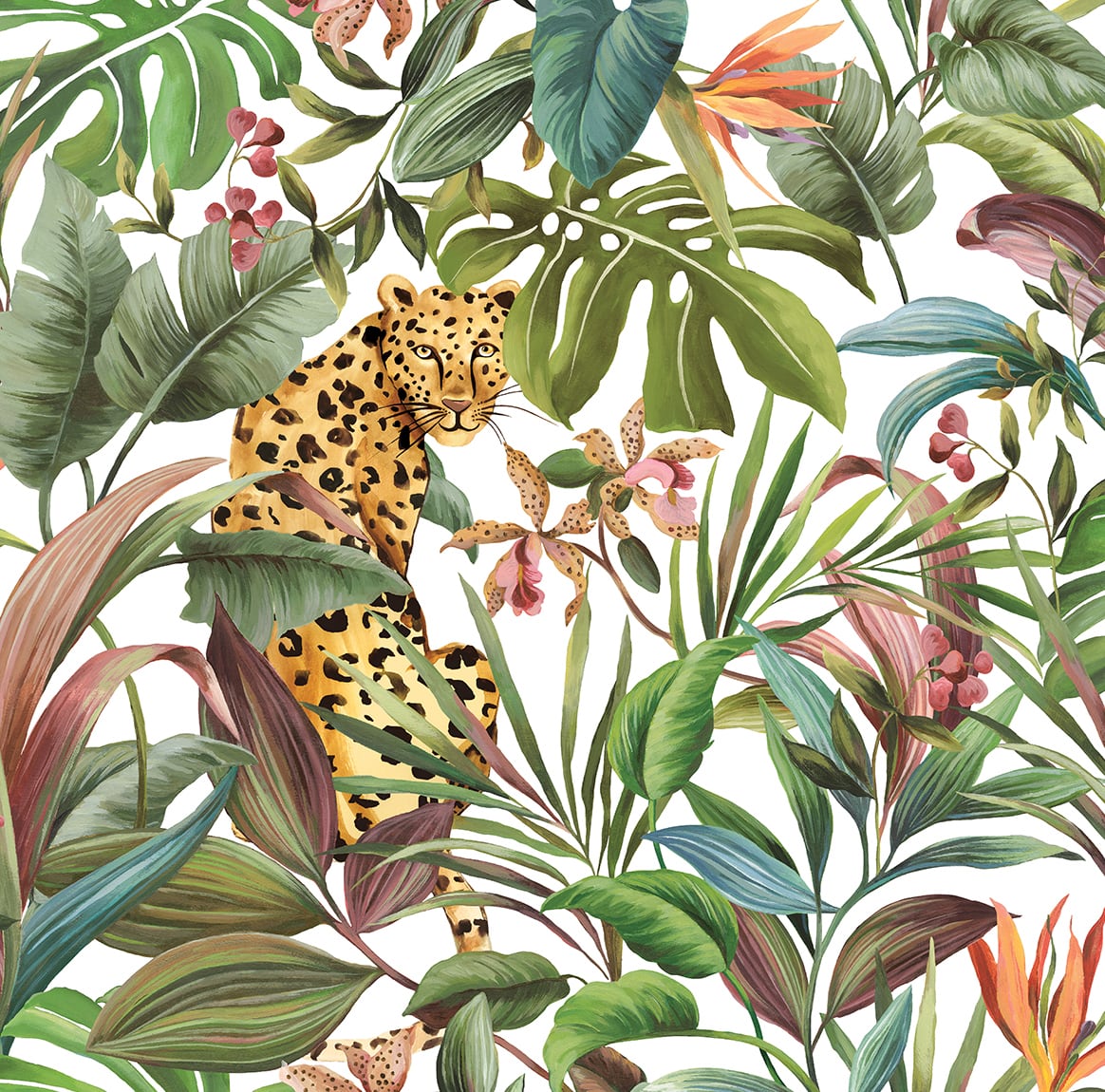 Tropical Leopard Gloss White by Daisy Bennett Peel and Stick Animal Print Wallpaper – Daisy Bennett Designs DB20105 -Sample