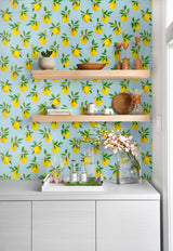 Lemoncello Sky Blue by Daisy Bennett Peel and Stick Lemon Botanical Peel and Stick Wallpaper – Daisy Bennett Designs DB20402-Sample