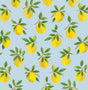 Lemoncello peel and stick wallpaper in sky blue with yellow lemons and green leaves