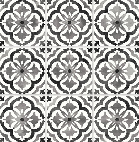 Sorento Tile black peel and stick tile-look wallpaper with ornate geometric motif