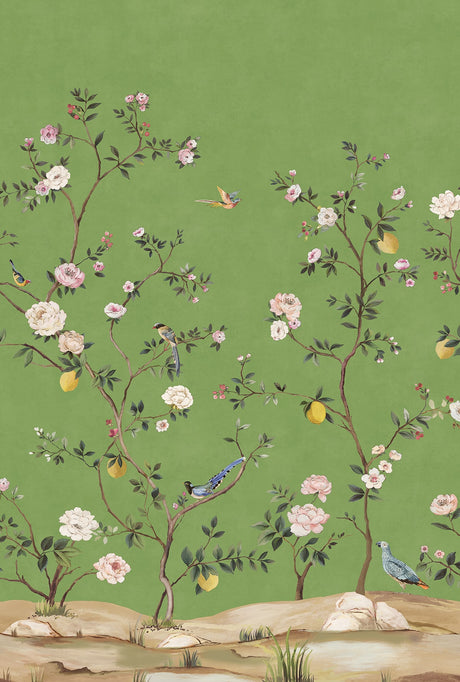 Green chinoiserie-style peel and stick wall mural with flowering branches, birds, and fruit accents.