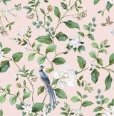 Blush chinoiserie peel and stick wallpaper with birds, green vines, and white blossoms