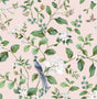 Blush chinoiserie peel and stick wallpaper with birds, green vines, and white blossoms