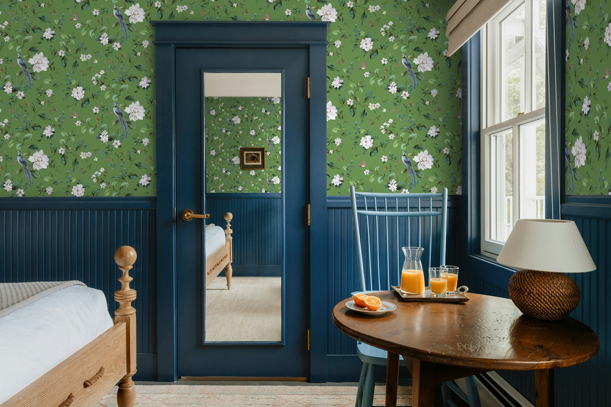 Chinoiserie Bird Vine Green by Daisy Bennett Peel and Stick Chinoiserie Bird & Floral Peel and Stick Wallpaper – Daisy Bennett Designs DB20804
