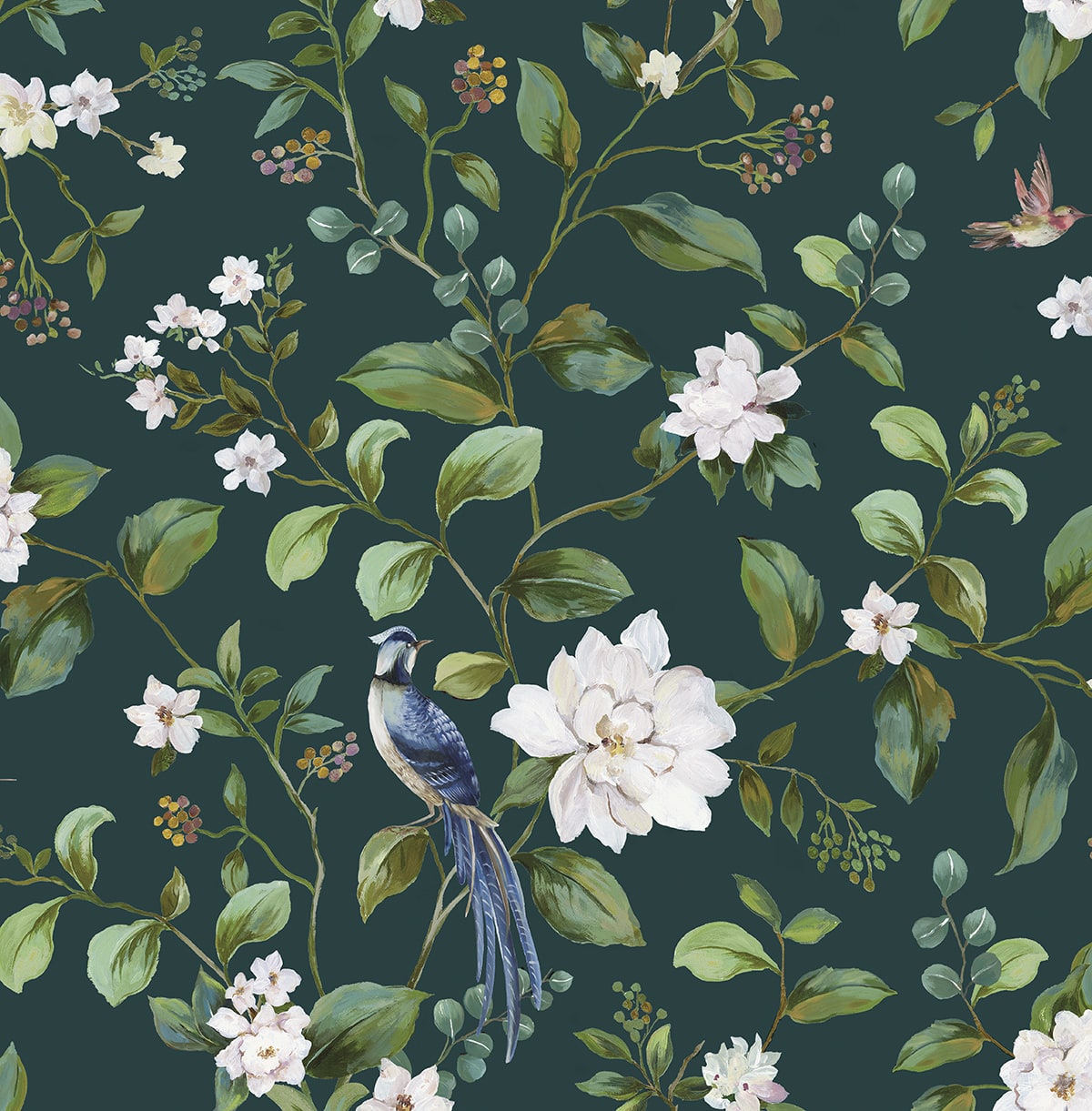 Chinoiserie Bird Vine peel and stick wallpaper in teal with birds, leafy vines, and white blossoms