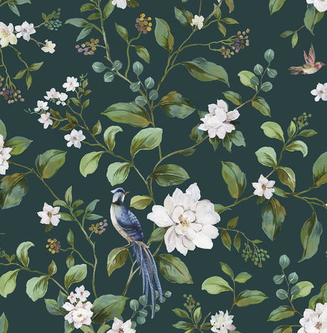 Chinoiserie Bird Vine peel and stick wallpaper in teal with birds, leafy vines, and white blossoms