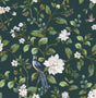 Chinoiserie Bird Vine peel and stick wallpaper in teal with birds, leafy vines, and white blossoms