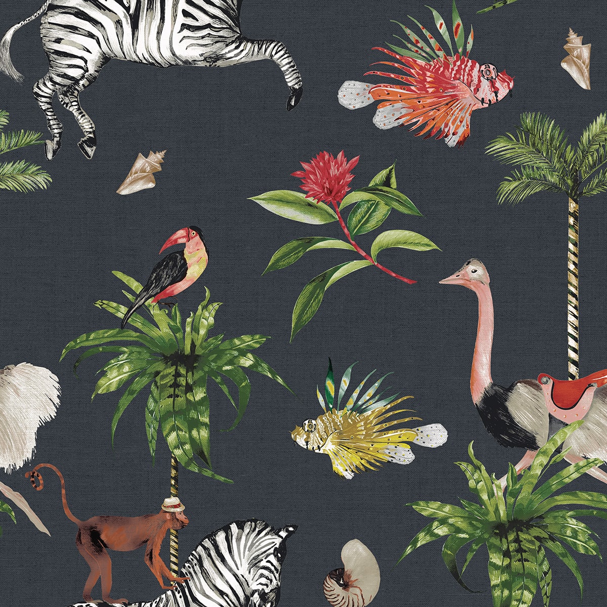 Carbon grey wallpaper featuring whimsical animals and tropical motifs, including zebras, birds, fish, palm trees and shells on a dark ground.