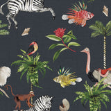 Carbon grey wallpaper featuring whimsical animals and tropical motifs, including zebras, birds, fish, palm trees and shells on a dark ground.