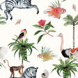 Merry Go Round cream wallpaper pattern with zebras, tropical birds, palms and carousel-inspired details