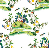 Citrus Hummingbird wallpaper with colorful hummingbirds, citrus branches, and green foliage on a white background.