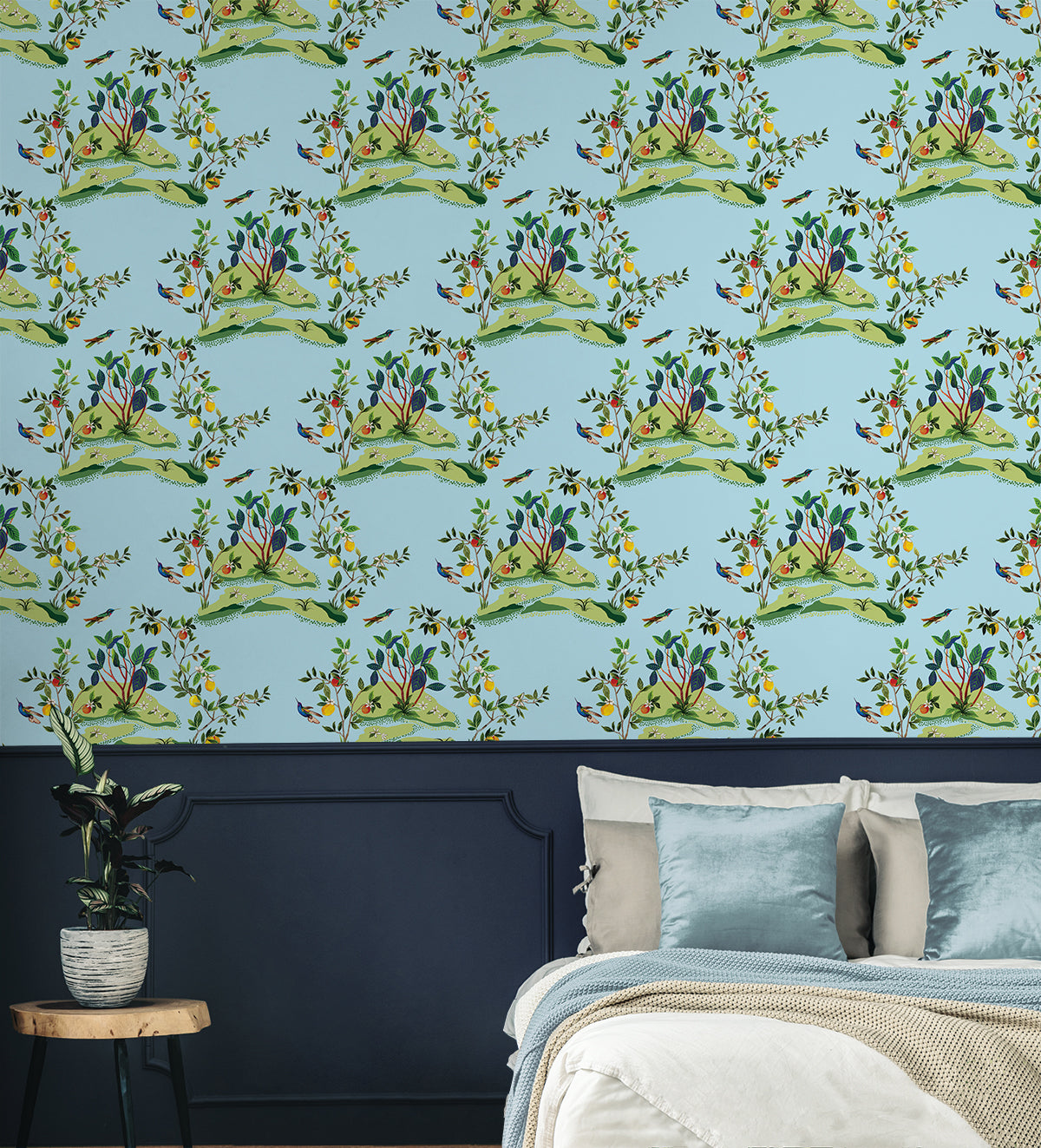 Citrus Hummingbird Sky Blue by West Boulevard Collection Botanical Bird Wallpaper – Daisy Bennett Designs DBW9003