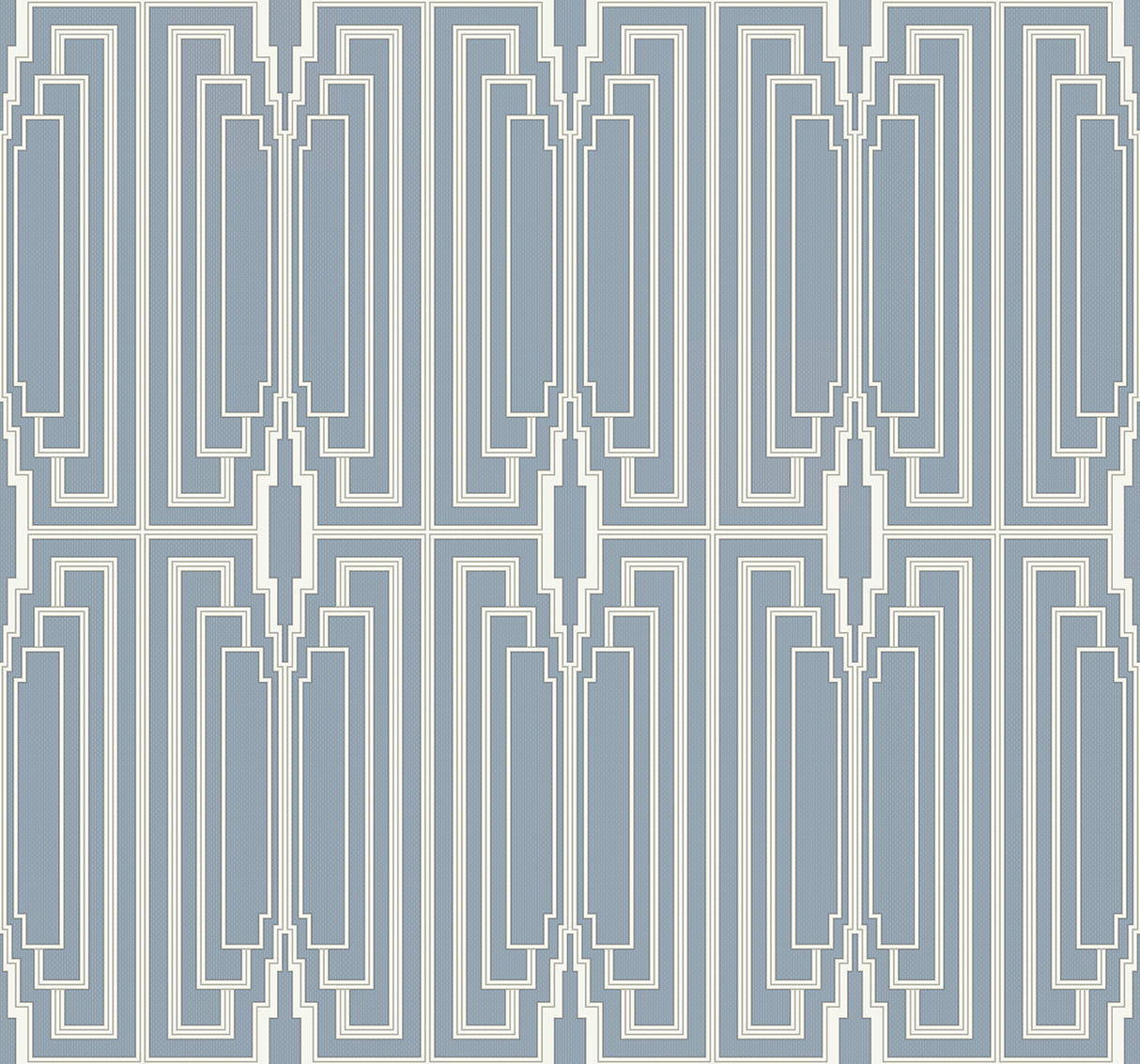 Manhattan Peacock metallic geometric wallpaper pattern in blue and white