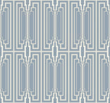 Manhattan Peacock metallic geometric wallpaper pattern in blue and white