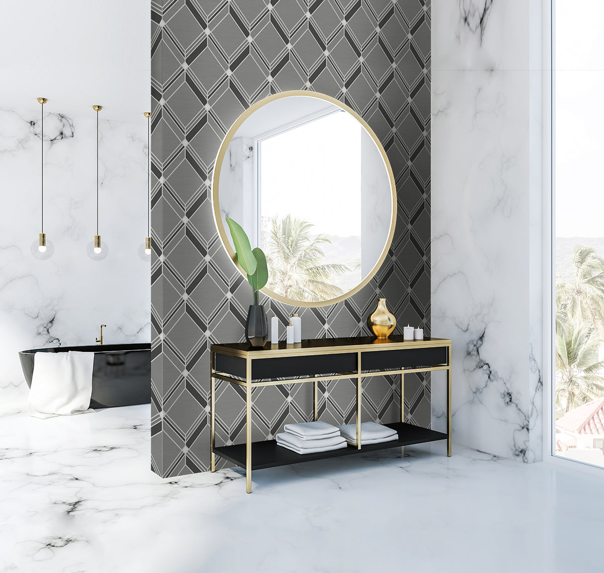 Brooklyn Diamond Grey by Deco 2 Geometric Metallic Wallpaper – Collins & Company DC60504