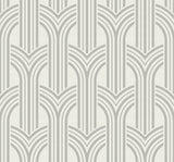 Broadway Arches chrome metallic geometric wallpaper pattern with repeating art deco arches.