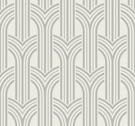Broadway Arches chrome metallic geometric wallpaper pattern with repeating art deco arches.