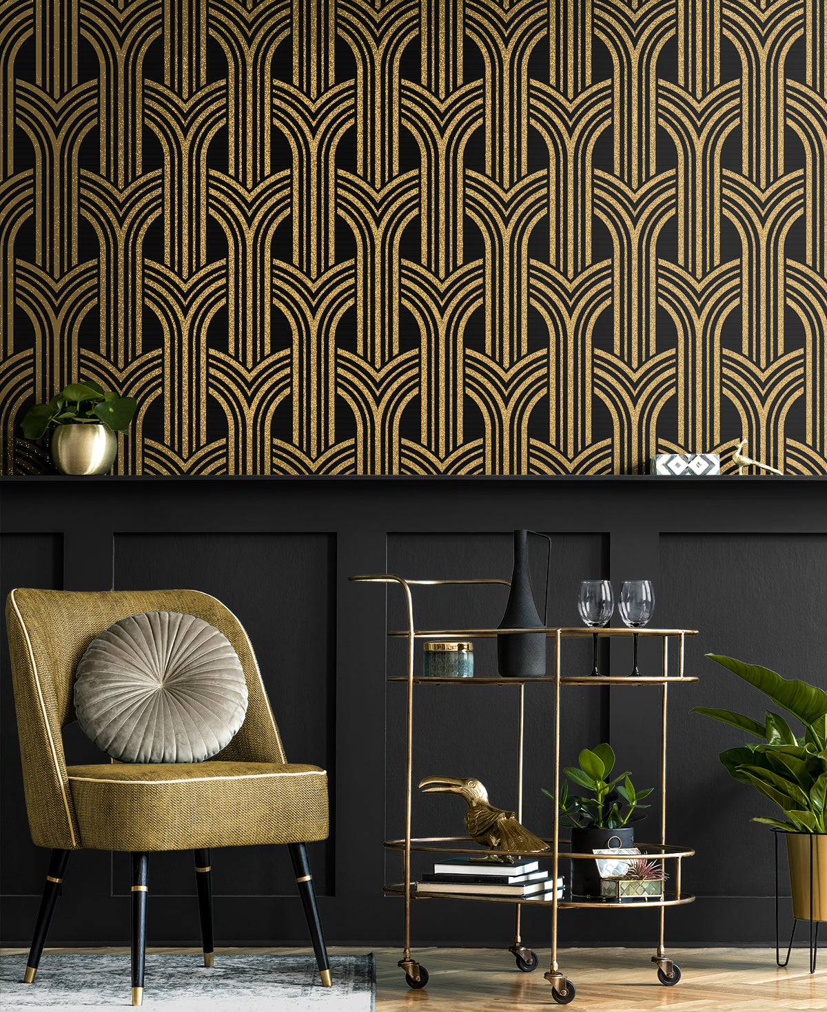 Broadway Arches Antique Gold and Black by Deco 2 Geometric Metallic Wallpaper – Collins & Company DC61310-Sample